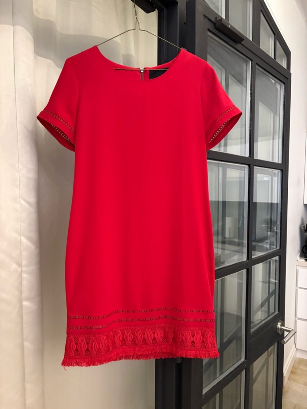 Red Short Sleeve Shift Dress fringe trim
